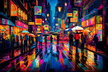 A bustling city street during a rainy night, neon lights painting vibrant colors on the wet pavement, with silhouettes of people holding colorful umbrellas, walking. Generative AI
