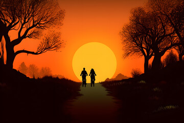 A couple riding bicycles on a countryside path, semi-silhouettes against the beautiful gradient of the sunset. Generative AI