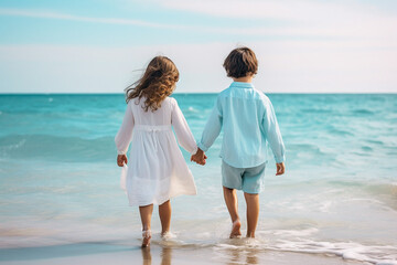 穏やかな海辺での家族旅行：手をつなぐ兄妹