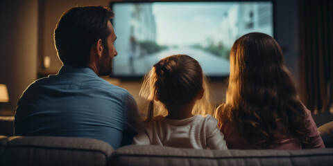 Fototapeta premium A child watching a movie on the couch with his family. Generative AI