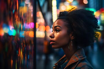 African American girl walking through a vibrant cityscape, her face partly illuminated by the reflections of colorful billboards, showcasing awe and excitement. Generative AI