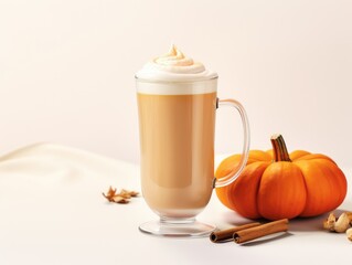 A cup of pumpkin spice latte next to a pumpkin. Digital image. Pumpkin spice latte.