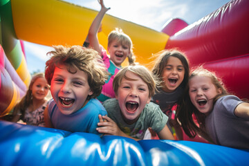 A group of children playing in a bouncy castle.   - obrazy, fototapety, plakaty
