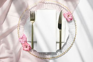 4x9 menu card mockup on plate with pink flowers 