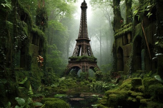 a miniature eiffel tower statue located in a dense forest