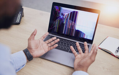 Screen crack, laptop and business man hands with system crash and broken monitor in a office....