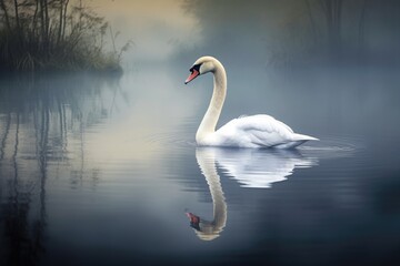 Obraz premium a swan gazing at its reflection in the calm water of a serene lake