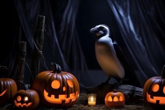 Spooky portrait of a penguin in a Halloween setup in studio, dramatic lighting. Created with generative AI
