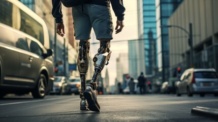Fototapeta premium Close up view of man with a prosthetic leg on the street. Beautiful illustration picture. Generative AI