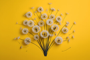 Dried dandelions bouquet, minimalistic flat lay arrangement on pastel yellow background