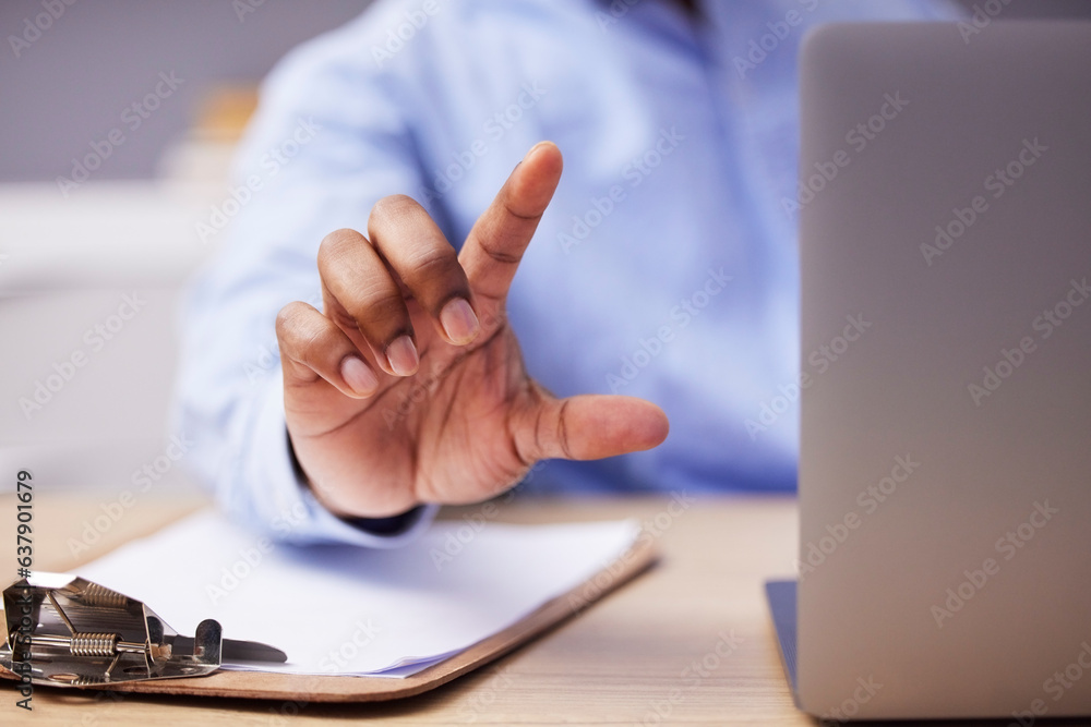 Aufkleber Laptop, finger and hands of business person in office for networking, website ui and research. Cybersecurity, biometrics and worker on computer with touch gesture for user interface, software or data