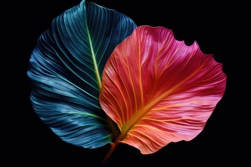 a single, vividly colored tropical leaf against a black background