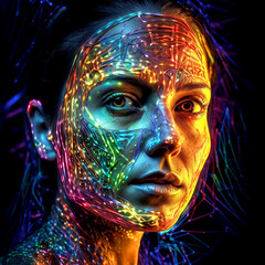 The colorful digital wirefaced woman on dark background