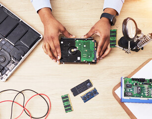 Motherboard, microchip and hands from above with electric maintenance of circuit board. Developer,...