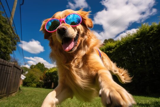 A Golden Retriever Wearing Sports Sunglasses With A Frisbee Nearby