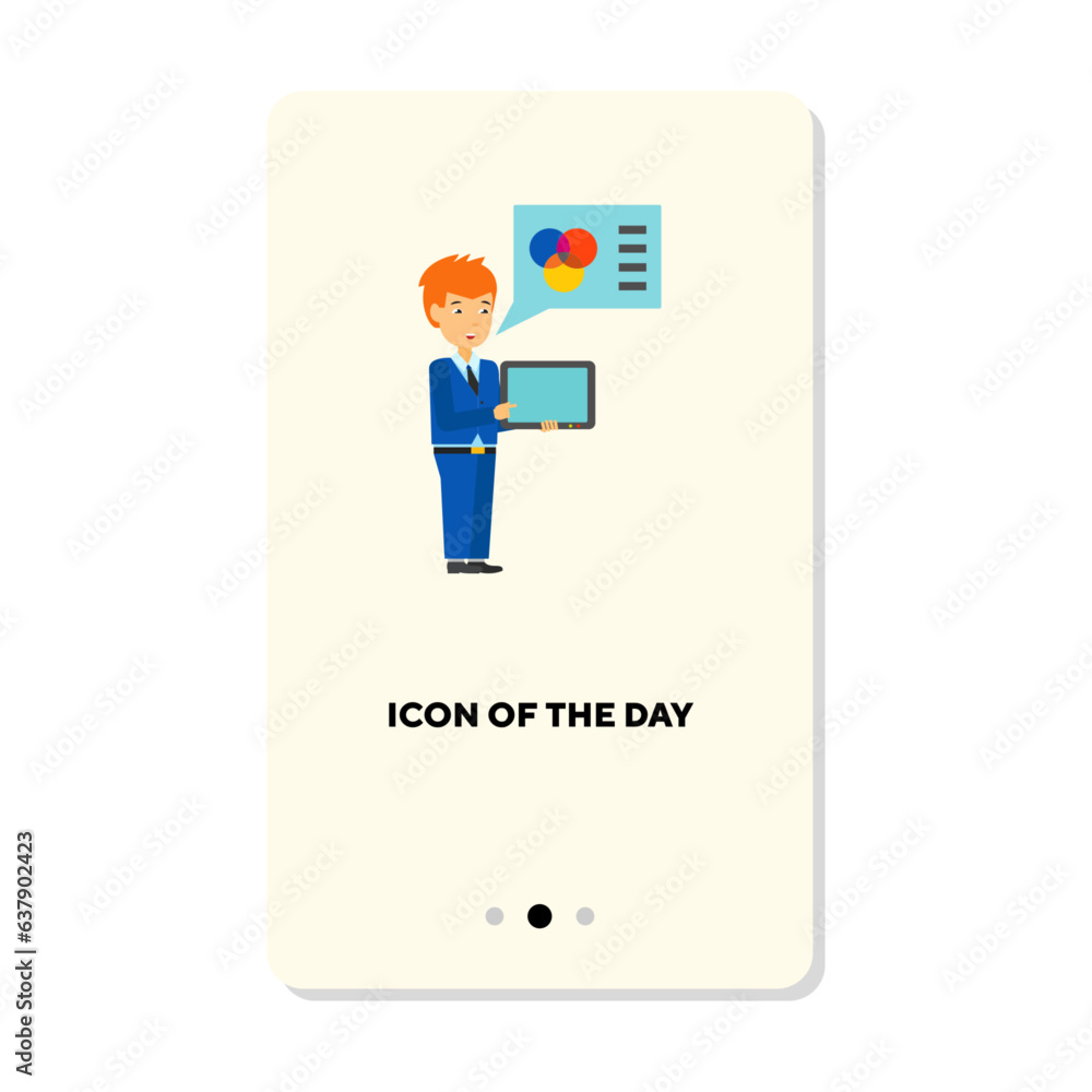 Poster business presentation flat icon. speaker with tablet isolated. presentation concept. vector illustra