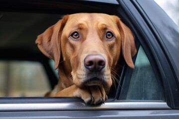 close-up of a labrador retrievers face sticking out from an suv window