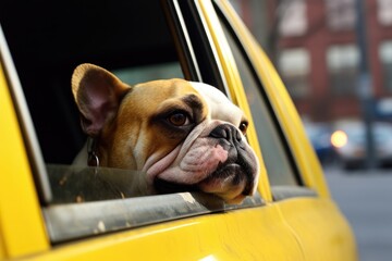 a bulldogs head poking out from the window of a yellow taxi cab