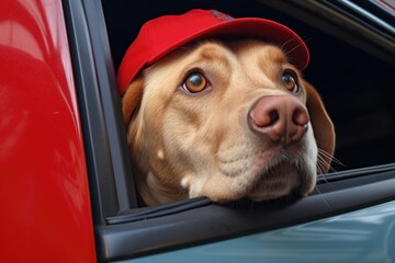 close-up of a labrador with its head out of a red pickup truck window