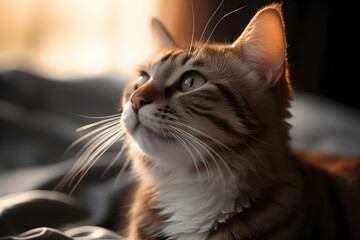 Close up of cute tabby cat at home. Lovely pet