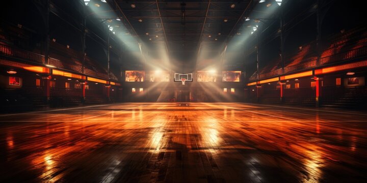 A basketball court with lights shining down on it. Digital image.