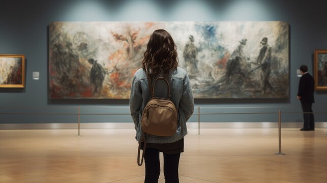Person standing in contemplating before an artwork. Beautiful illustration picture. Generative AI