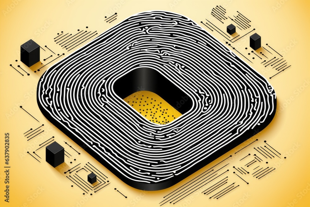 Aufkleber computer chip with fingerprint labytinth pattern, isometric projection. cyber security concept.
