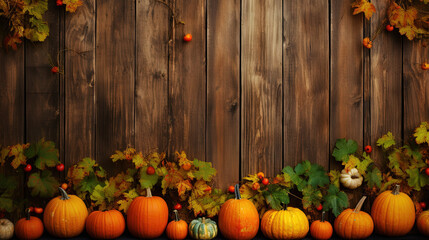 Autumn background leaves, wood and pumpkins