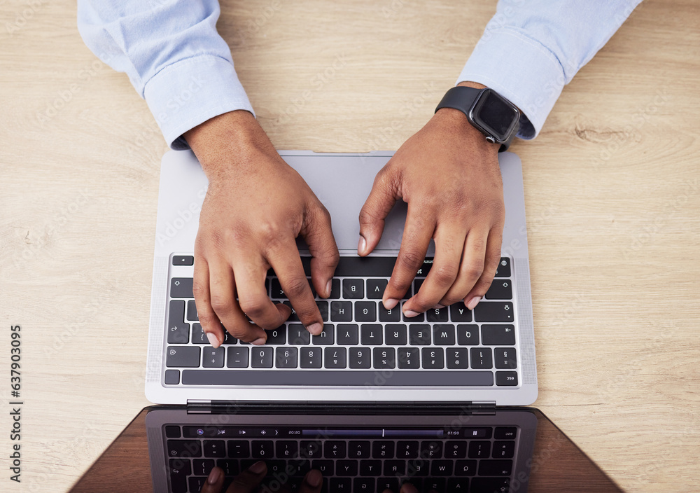 Aufkleber Laptop, above and hands of business person in office for networking, website and research. Cybersecurity, programming and worker on computer typing for information technology, coding software or data