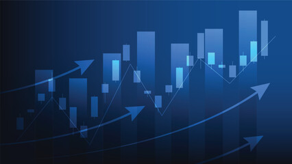 Financial business statistics with bar graph and candlestick chart show stock market price on dark blue background