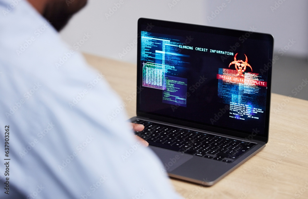 Aufkleber Virus, laptop hacking and business man back with system crash and malware in a office. Cyber security attack and ransomware error from spam with computer danger at a workplace with tech trouble