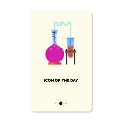 Chemical experiment on white background. Liquid boiling in flask distilling to tube cartoon illustration. Chemistry, lab, study, research concept. Vector illustration symbol elements for web design