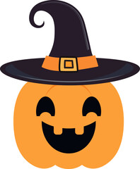 Cute cartoon pumpkin wearing witch hat with smiling face for Halloween holiday celebration.