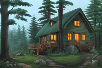 house in the fir forest, Generative AI