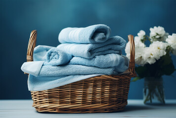 Laundry basket with clean towels on wooden table in the room