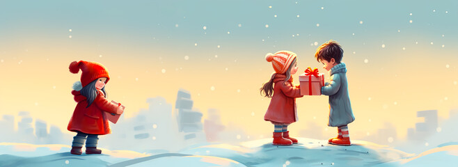 Naklejka premium An painting of christmas day with kid,child and gift present in snow falling with night miracle dreamy.celebration festival and happy new year concepts.generative ai images