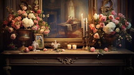 Fototapeta na wymiar A painting of a mantel with flowers and candles