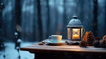 A candle and a cup on a table in the snow