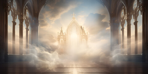 A door in a fantasy castle with a cloud background, doors to heaven, mystical gate in the clouds,...