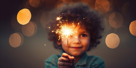 child holding sparkler for birthday party. Generative AI
