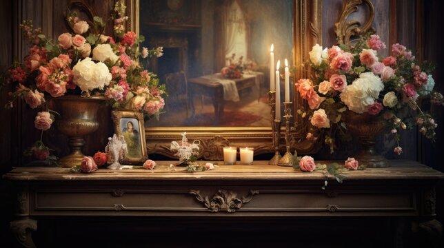 A painting of a mantel with flowers and candles