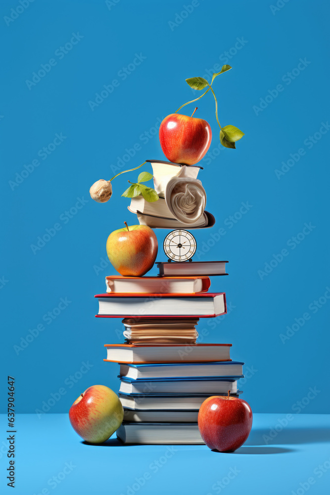 Poster a stack of books with apples and a clock on top. digital image. surreal still life.
