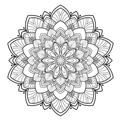 Decorative mandala with floral and linear patterns, henna elements on a white isolated background. For coloring book pages.