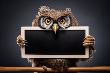 a owl holding a black board with orange eyes, concept of education and school