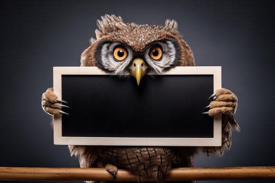 Illustration of a owl holding a black board with orange eyes, Generative AI