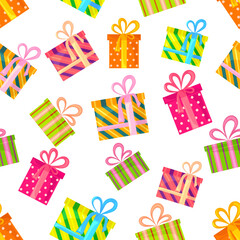 Present boxes of different sizes with colorful packaging and bows on white background. Seamless party pattern. Celebration, surprise. Clipping.