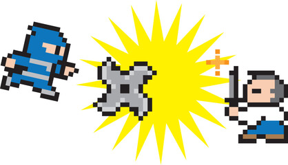 ゲーム風ドット絵　忍者と侍 © mogtani