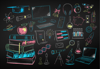 Vector color chalk drawn illustration set of education and science items on chalkboard background. - obrazy, fototapety, plakaty