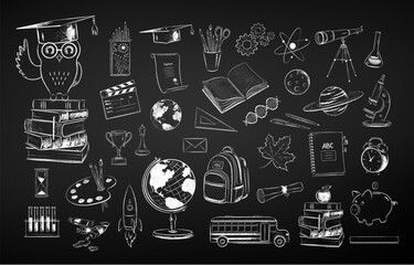 Vector chalk drawn illustration set of education and science items on chalkboard background. - obrazy, fototapety, plakaty