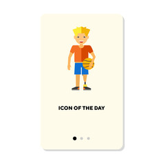 Boy standing with ball icon. Summer, playing, fun isolated vector sign. Sport and activity concept. Vector illustration symbol elements for web design and apps